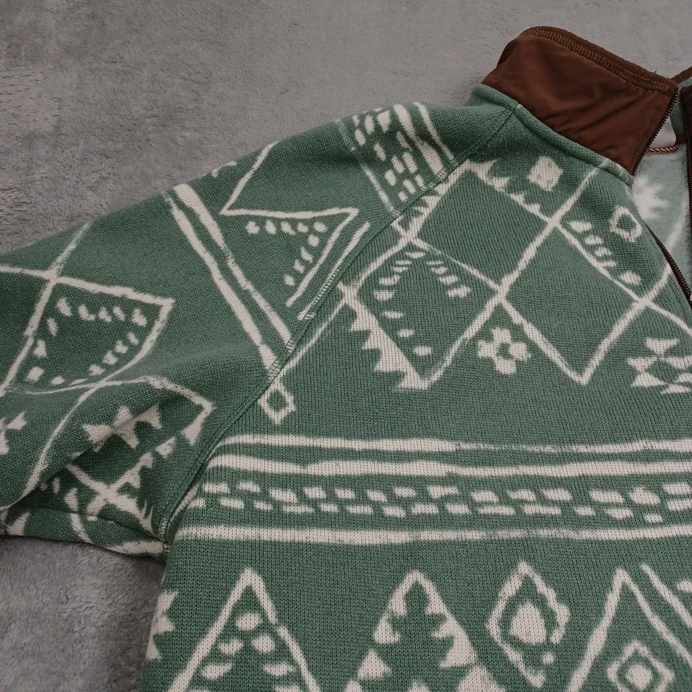 North Face Sweater Mens XXL Green Geometric Fleece 1/4 Zip Pullover‎ Pocket